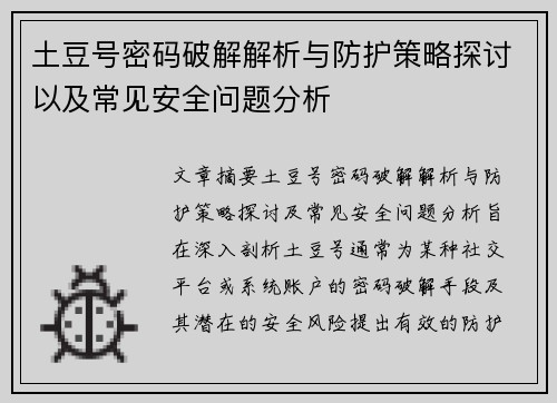 土豆号密码破解解析与防护策略探讨以及常见安全问题分析
